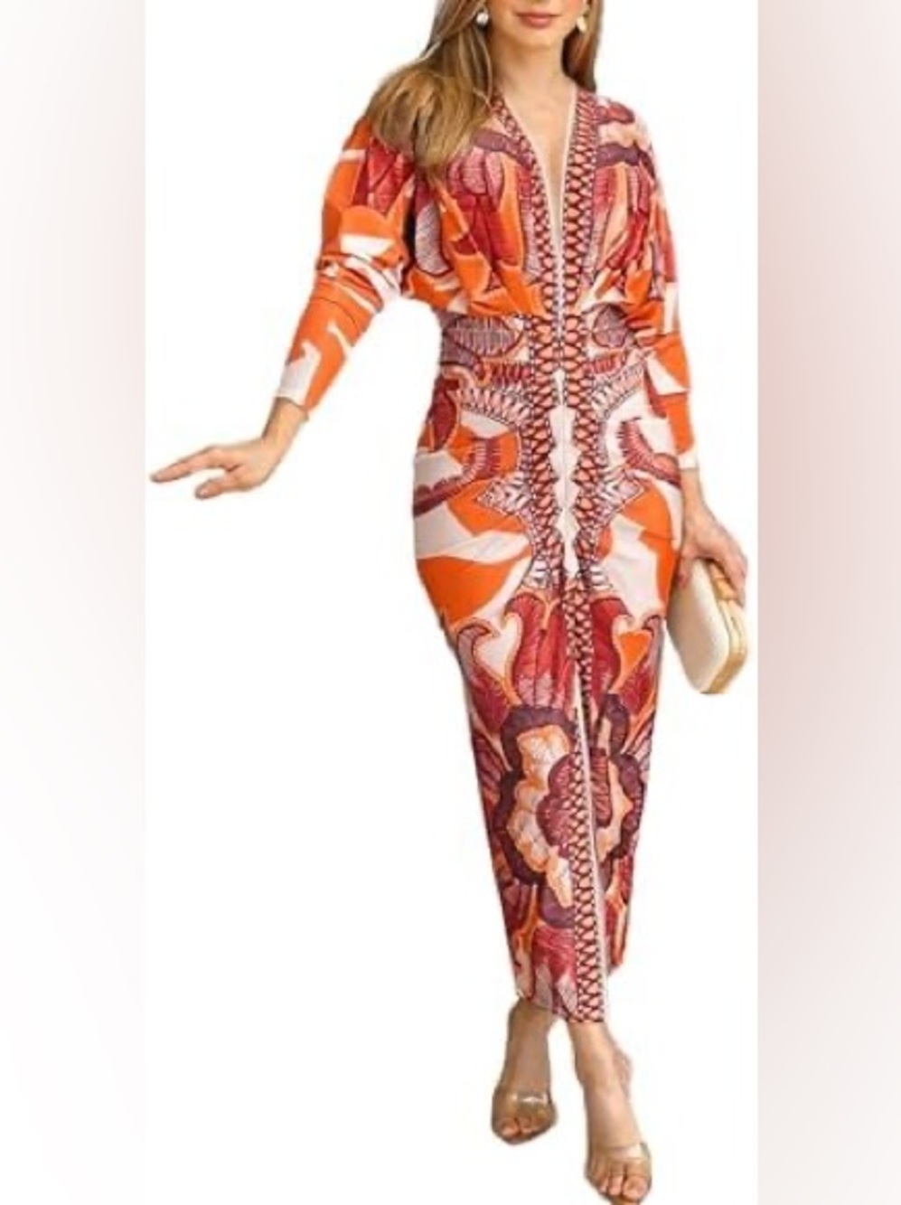 Chicme Orange and White Abstract-Print Women’s Midi Dress